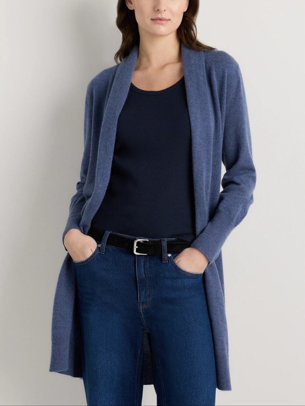 Quince Mongolian Cashmere Duster Cardigan Sweater Heather Storm Blue